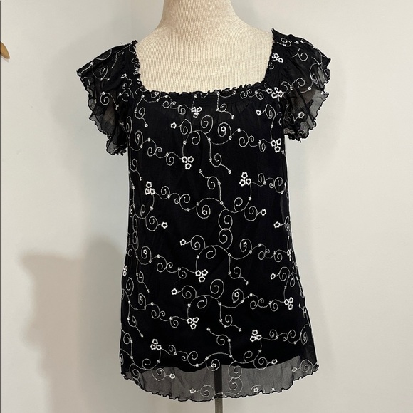 Y2K Women's Black Sheer Embroidered Top Dark Fairycore Whimsical 90s Size Small - Picture 10 of 12